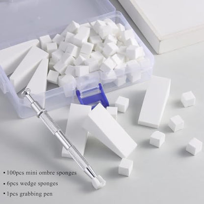 Fcozpjk 100Pcs Soft Nail Sponges for Ombre, Gradient Effect White Nail Art Sponges With Grabbing Pen 6Pcs Wedge Sponges Aura Nails Ombre Nail Brush Professional Accessories Manicure Salon Supplies - color: White2