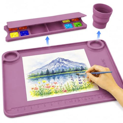 Svartur Silicone Painting Mat with Cup and Palette Detachable, 17"X13" Thick Silicone Craft Mat with Raised Edge for Artist, Painting Station Creator Mat, Purple - color: Purple
