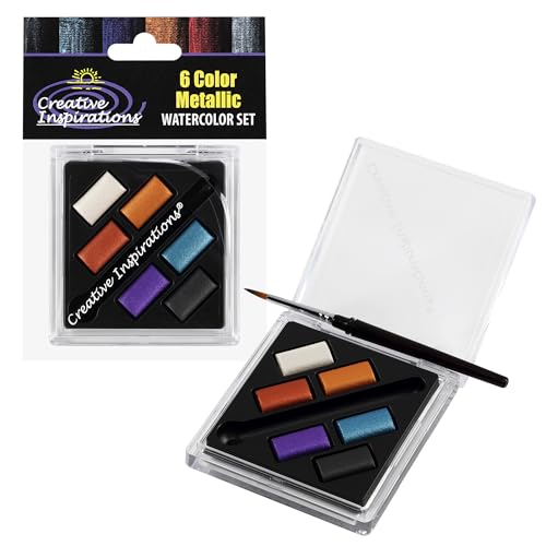 Creative Inspirations Professional Watercolor Paint Set, 12 Pack - Compact Metallic Half Pan Travel Set of 6 with Mini Brush - Highly Concentrated Watercolor Paint for Artists of All Skill Levels - color: Metallic, size: 6 Count (Pack of 12)