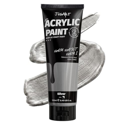 JusArt Metallic Silver Acrylic Paint, 8.45oz/250ml Large Tube, Heavy Body Rich Pigment, Non-Toxic, Non-Fading Craft Paint for Canvas Wood Metal Fabric Ceramics, Art Supplies for Adults Artists Beginner - color: Metallic Silver