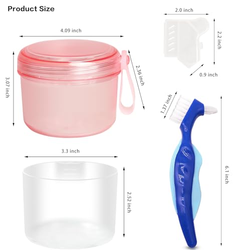 Leak Proof Denture Cups Bath, Dishwasher safe, Denture Case for Soaking Full & Partial Dentures, Retainers, with Hard Denture Cleaner Brush & Denture Brush Cover (Transparent Rouge) - color: transparent rouge
