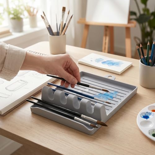 2 Pack Washable Brush Holders with 4 Slots - Artist Brush Organizer & Drying Rack for Watercolor, Acrylic, Oil Painting Brushes, Tabletop Studio Caddy （Gray） - color: Gray