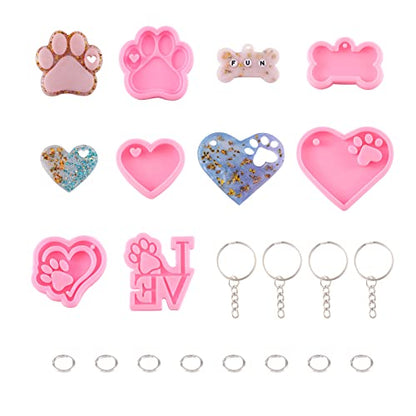 Craftdady 6pcs Keychain Pendant Resin Casting Molds Heart Bone Dog Paw Print Charms Silicone Molds with 12pcs Key Rings, 20pcs Jump Rings for Resin Casting DIY Keychain Jewelry Craft - color: Pink,Keychain,6pcs