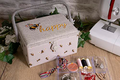 Hobby Gift Medium Sewing Box Organiser, Fabric Covered Storage Box with Handle, Internal Tray, Pin Cushion and Pocket for Sewing, Quilting and Knitting Supplies - color: Bee Happy