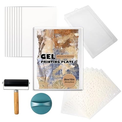 Funria Gel Printing Plate Kit with 8" X 10" Reusable Gel Printing Plate, Printing Paper, Baren, Stencils, Rubber Roller, Crafts Printmaking Supplies for Mixed Media Art Monoprinting Card Making - color: 4PC