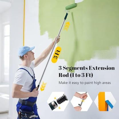 Paint Roller Kit with Extension Pole, 13 PCS Set, 9 Inch 4 Inch Paint Rollers, Paint Tray Liner, Paint Brush for Walls, Painters Tape, House Painting Supplies for All Paints & Stains (3 FT)