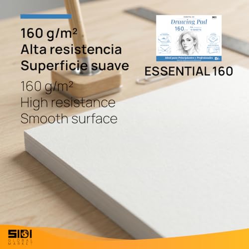 SIDI – A4 Professional Drawing Pad, 160 g/m², Sketchbook Paper, Thick Non-Bleed Paper, for Pencil, Marker and Sketching, Smooth Surface, 25 Drawing Sheets (Essential 160, 25 Sheets)