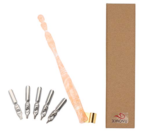 Xiaoyu Calligraphy Oblique Nib Pen Holder, English Calligraphy Pen Nib Holder, Resin Dip Pen Handle Nib Holder with 5 Flat Nibs, Pink - color: Pink