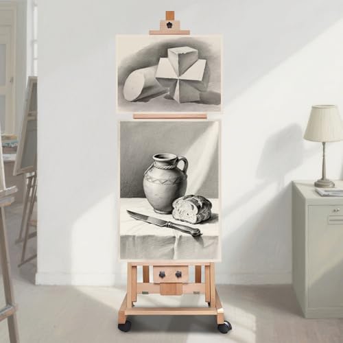 Movable Large H-Frame Painting Easel, 56 To 91" Adjustable Artist Studio Easel with Wheels & Tilting Flat Available, Premium Beech Wood, Heavy Duty Art Easel Stand for Home Drawing Studios Museums Etc