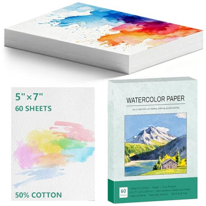60 Sheets 5x7 Watercolor Paper Bulk, 140lbs/300gsm Cold Press Water Color Paper, 50% Cotton Watercolors Paper, Acid-Free Natural White Paint Paper-Set as Art Supplies