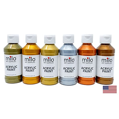 milo Metallic Acrylic Paint Set of 6 Colors | 4 oz Bottles | Student Metallic Colors Acrylics Painting Pack | Made in the USA | Non-Toxic Arts & Crafts Paints for Artists & Hobby Painters - style: Metallic Set 6 x 4 oz