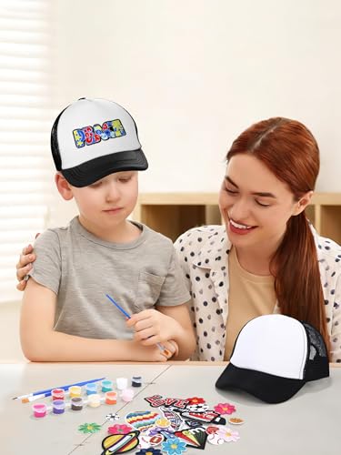 Aneco DIY Blank Trucker Hats Kit Adjustable Baseball Caps | Embroidered Patches, Paint Tools Included, Craft Kit, Sports Events, Group Activity, Party Favor - color: Black