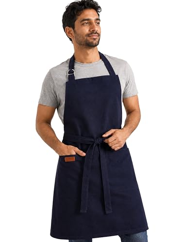 100% Cotton Kitchen Apron with 2 Pockets – Adjustable Chef Apron for Cooking Baking BBQ – Unisex Apron - color: Navy, size: Standard