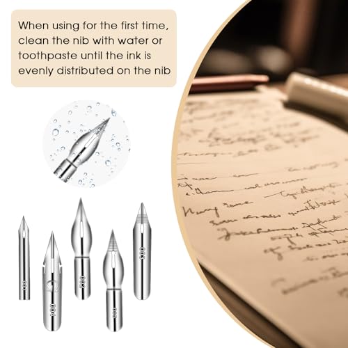 12PCS Comic Pen Nibs for Drawing, Oblique Calligraphy Dip Fluid Writer Pens, Wooden Drawing Pens Holder with 10 PCS Stainless Steel Pen Replacement Nibs Nib for Writing, Painting, Signing, Sketch - color: Brown + Black