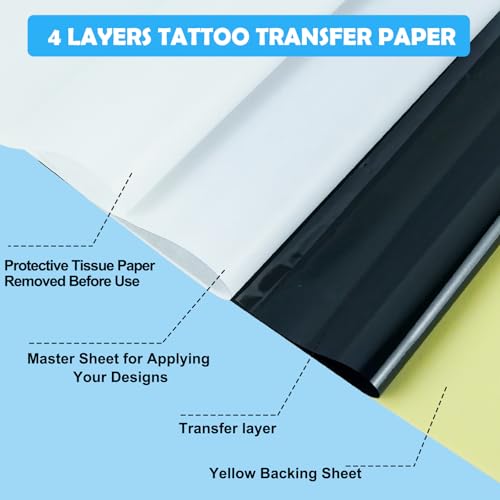 Tattoo Transfer Paper, 100 Sheets Tattoo Stencil Paper, Stencil Paper for Tattooing- A4 Sizes, Tattoo Stencil Kit, Carbon Tracing Pape,4 Layers Thermal Transfer Paper DIY Tattoo