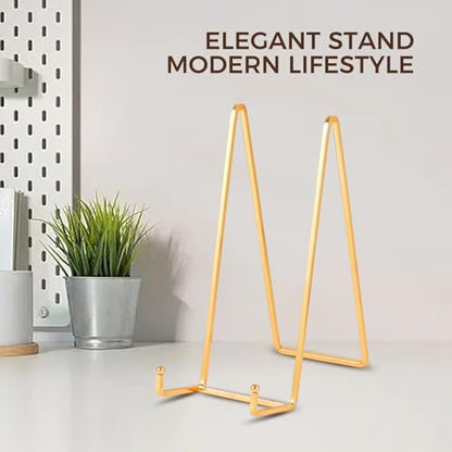 Large Plate Holder Display Stand - 10 inch Tall Plate Stands for Display - Metal Picture Frame Stand - Big Tabletop Easel Stand for Decorative Plates | Platter | Book | Plaque | Tile - 2 Pack - Gold - size: 10 inch-2