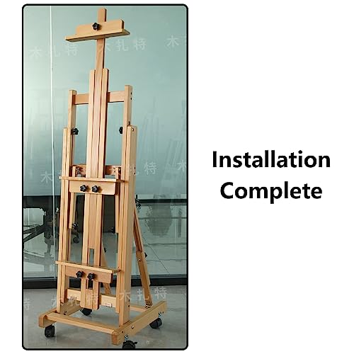 Multi-Function Studio Easel, Professional Large Studio Artist H-Frame Wood Painting Art Easel Standing, Movable Heavy Duty Flooring Adjustable Solid Wooden Beech Easel with 4 Wheels