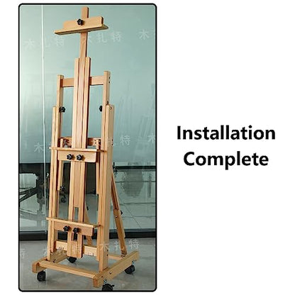 Multi-Function Studio Easel, Professional Large Studio Artist H-Frame Wood Painting Art Easel Standing, Movable Heavy Duty Flooring Adjustable Solid Wooden Beech Easel with 4 Wheels