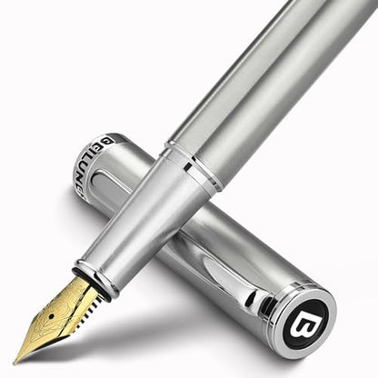 BEILUNER Luxury Fountain Pen Set, Solid 24K Gilded Fine Nib, Silver Stainless Steel Body- Includes 6 Ink Cartridges & Ink Refill Converter with Gift Case - Perfect for Men and Women - color: Silver, style: Fine Nib