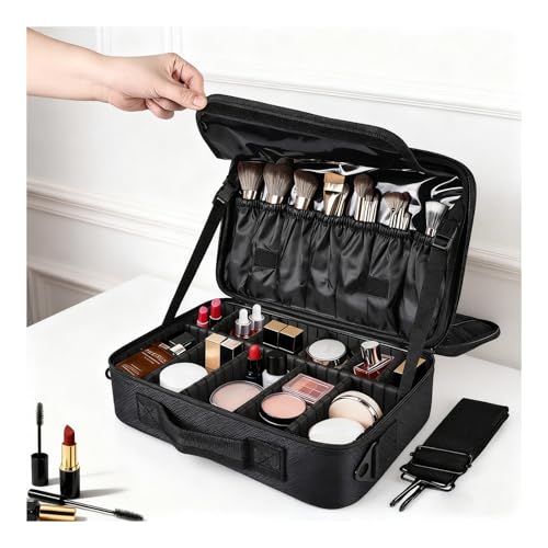 Greenfeather Travel Makeup Bag, Professional Cosmetic Train Case Organizer, Portable Travel Cosmetic Brush Bag Holder Makeup Artist Storage Box with Adjustable Dividers and Shoulder Strap, Black - color: Black, size: Medium