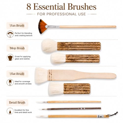 Set of 8 Pottery Glaze Brushes Tools, Wool Soft Bristle for Ceramic Glazing Acrylic Watercolor Oil Painting, Mop, Hake, Sumi, Fan, Fine Brush for Clay Wheel Kiln Blending Art Supplies - color: 8pcs
