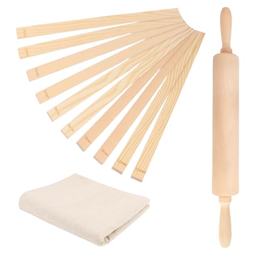 12 Pcs Pottery Tools Include 1 Wood Rolling Pin Sculpting Polymer Clay Tools 1 Portable Pottery Wedging Board/Linen Tablecloth and 10 Pcs 5 Size Teaching Rolling Mud Stick Guide