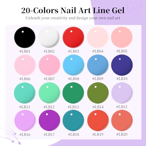JODSONE Gel Polish Nail Art Gel Liner Set 20 Colors Red Pink Blue Purple with Thin Brush Need U V Lamp Cured Gift for Girls at Home Salon Design - color: LB01-LB20
