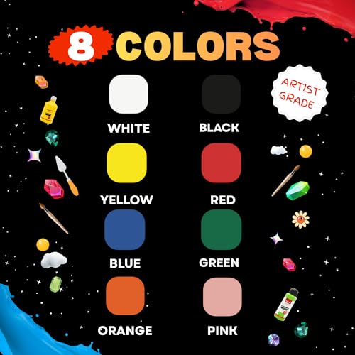 8 Colors Acrylic Paint Set, Acrylic Paint with 6 Brushes, 4oz/120ml Bottles, Paint for Artists, Beginners and Kids on Canvas Rocks Wood Ceramic Fabric