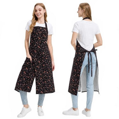 Molaxhome Split Apron with 3 Pockets,Unisex Pottery Apron with Adjustable Strap for Kitchen Ceramics - color: Blackflower