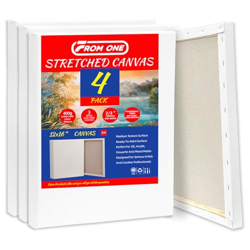 Stretched Canvas Cotton Linen for Oil & Heavy Acrylics 4-Pack 12x16 | 400gsm cotton linen, triple gesso, gallery wrap deep frame, Warp-Resistant, professional quality