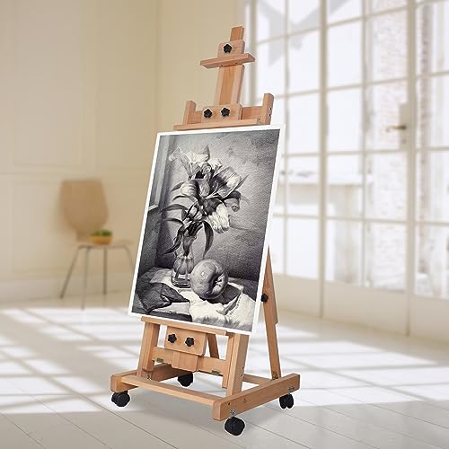 Professional Standing Solid Beech Wood Easel, Extra Large H-Frame Adjustable Height Art Craft Painting Stand, Tall Wooden Display Easels for Artists Studio Students Classroom