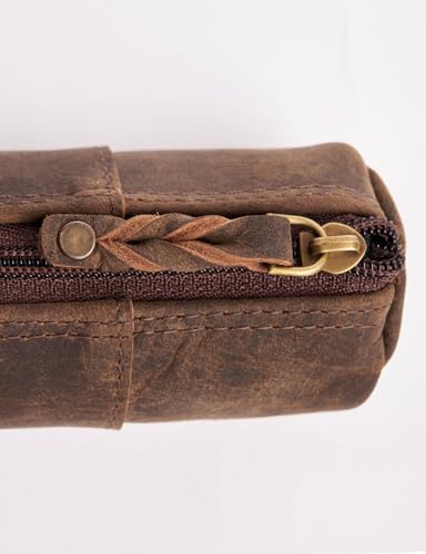Leather Pencil Case -100% Leather Zippered Pen Pouch - Stationery Bag Pen Holder for Work & Office (Brown) - color: Brown
