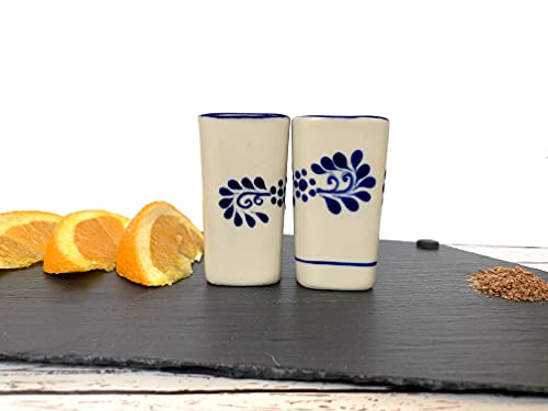 Hand-Painted Mexican Ceramic Shot Glasses, Square Tequilero Cups – 2 oz Each, Set of 2 – Colonial White with Blue Design – Tequila, Mezcal & Sangrita - White Cuadrado