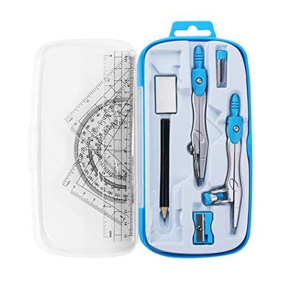 Unjoo Math Geometry Kit Sets 10 Piece Student Supplies with Shatterproof Storage Box,Includes Rulers,Protractor,Compass,Eraser,Pencil Sharpener,Lead Refills,Pencil,for Drafting and Drawings（Blue） - color: Blue