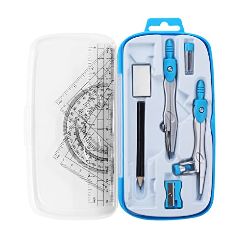 Unjoo Math Geometry Kit Sets 10 Piece Student Supplies with Shatterproof Storage Box,Includes Rulers,Protractor,Compass,Eraser,Pencil Sharpener,Lead Refills,Pencil,for Drafting and Drawings（Blue） - color: Blue