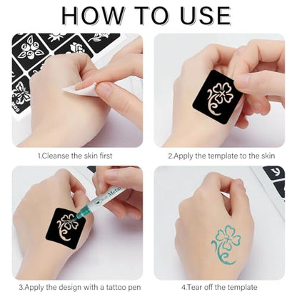 8 Temporary Tattoo Stencils, 108 PCS Henna Stencils Reusable Tattoo Stencils for Face Body Art Painting for Women Men Adults - color: 8sheets, 108pcs