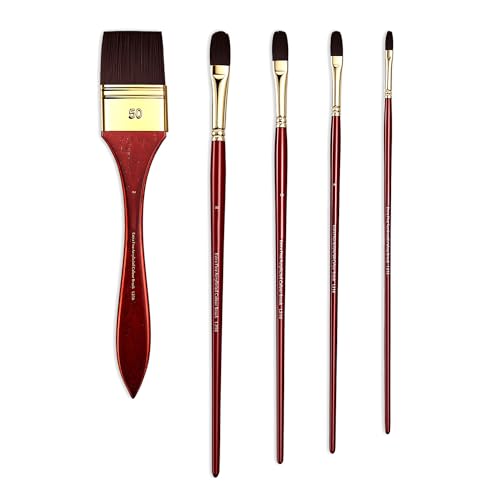rubens Acrylic Filbert Paint Brushes Set, 5 Pcs Professional Paint Brushes Set, Long Wooden Handles Artist Brushes Nylon Bristles with Filbert, Wide Flat for Acrylic Oil Gouache Watercolor Painting - size: Filbert 2,4,6,8, Wide Flat 2