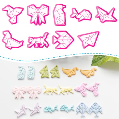 Xaekicr 9 Pcs Origami Shape Polymer Clay Cutters - Geometric Animal & Bow Cookie Cutter Set for Jewelry Making, Earring Molds, Fondant Cake Decorating & DIY Crafts - color: 2F color