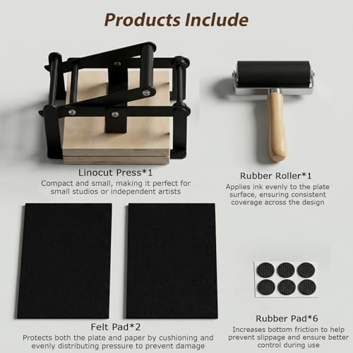 Linocut Printing Hand Lever Press Machine, A5 Linocut Press Machine, with Rubber Roller & Felt Pad, Fit for Linocut Printing, Woodcut Printing, Letterpress, Rubber, Cardboard, Cork Printing