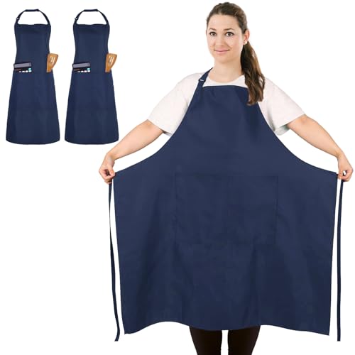 2 Pack Plus Size Waterproof Cooking Chef Apron with 2 Pockets for Men Women - color: Navy Blue