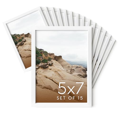 HAUS AND HUES 5x7 White Metal Picture Frames - Bulk Frames 5X7 - Features Premium Aluminum, Vertical Hanging, Easel Back for Tabletop, Home, Office (5x7 in, White, Set of 15) - color: White Metal, size: 5x7 in, style: Set of 15