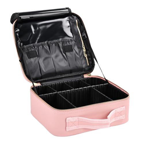 Travel Makeup Bag with Brush Holder, Professional Cosmetic Train Case Organizer for Women, Portable Travel Makeup Brush Carry Case Cosmetic Artist Storage Box with Adjustable Dividers, Leather Pink - color: Pink Leather, size: Small