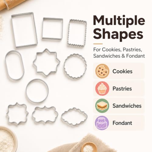10 Piece Premium Stainless Steel Cookie Cutter Set, Rust Resistant Metal Baking Molds, Reusable Assorted Shapes for Cookies, Fondant, Brownies,DIY Baking Supplies