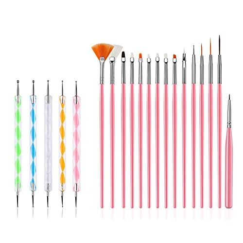 FULINJOY 20PCS Nail Art Design Tools, 15PCS Painting Brushes Set with 5PCS Dotting Pens - color: 20pcs - pink