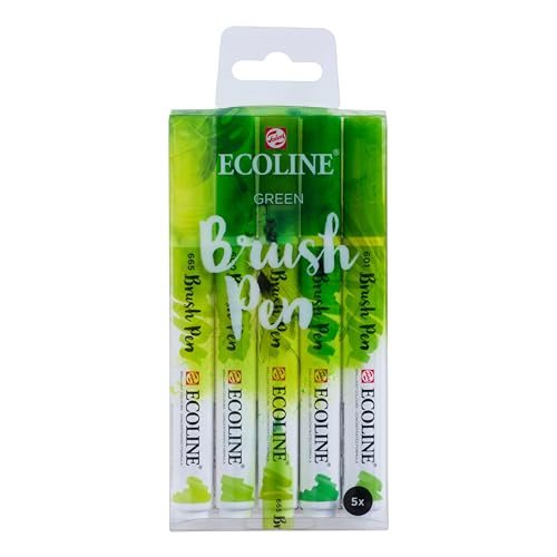 Ecoline Brush Pen Set of 5 Liquid Watercolor Pens – Green Shades | Blendable Brush Markers for Hand Lettering, Drawing, & Crafts - color: Green