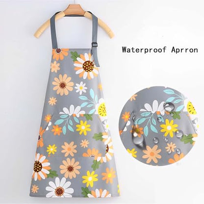 Floral Aprons with Pocket Blooming Women Waterproof Apron Adjustable Neck Long Ties Women Men Cook Baking Garden - color: Sunflower Grey