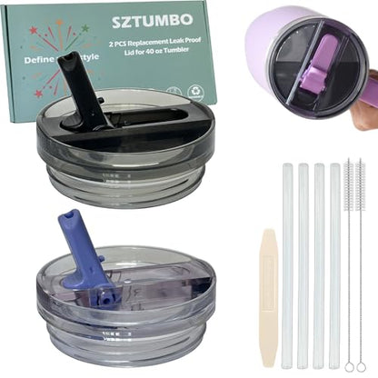 2 Pcs Detachable Flip Straw Lid for Stanley 40oz Quencher ProTour,100% Leak-proof Lid for Stanely 40oz Cup Accessories,Spill Proof and Splash Resistant Tumbler Cover(Black-Purple) - color: Black-Purple