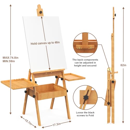 Large Beech Wood H-Frame Easel, Painting Easel for Adults with Storage Box and Palette, Multi-Function Studio Easel, Professional Foldable Artist Easel Stand for Painting, Holds Canvas Art up to 36" - color: Natural