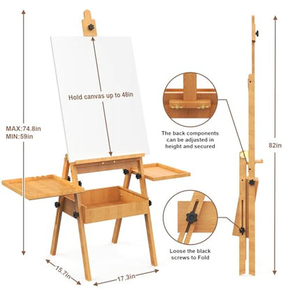 Large Beech Wood H-Frame Easel, Painting Easel for Adults with Storage Box and Palette, Multi-Function Studio Easel, Professional Foldable Artist Easel Stand for Painting, Holds Canvas Art up to 36" - color: Natural