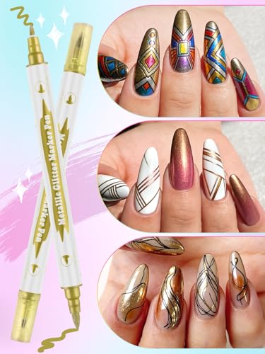 10 Color Metal Giltter 3D Nail Art Pens Set, Kalolary Double-ended Nail Point Dotting Pen Drawing Painting Liner Brush for DIY Nail Art Beauty Adorn Manicure Tools(G) - color: G